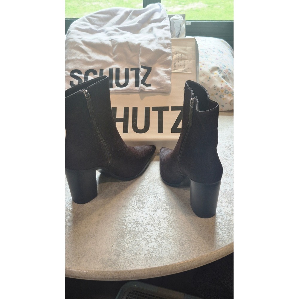 Schutz Brown Calf Hair Leather Ankle Boots Pointed Toe Block Heel Size 8.5B NWT - Picture 4 of 14